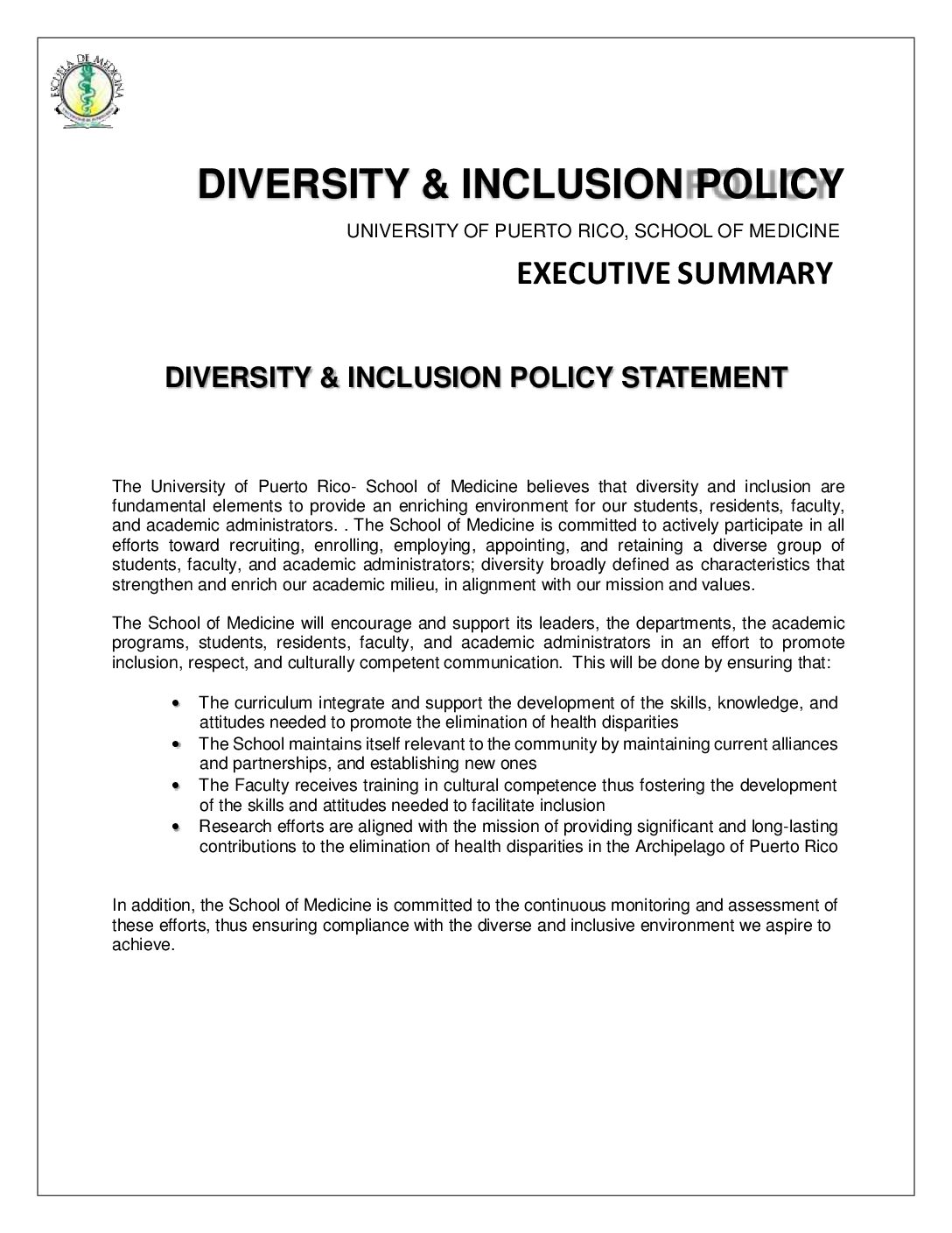 DIVERSITY INCLUSION POLICY UNIVERSITY OF PUERTO RICO SCHOOL OF 